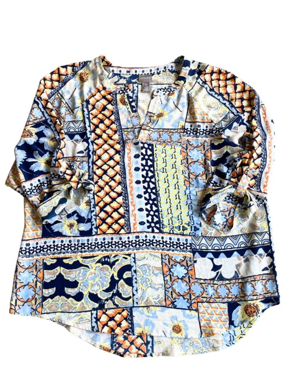 Entire Closet $5! Chico's Women's Multi Tile Pattern Split Neck 3/4 Sleeve Sz 3